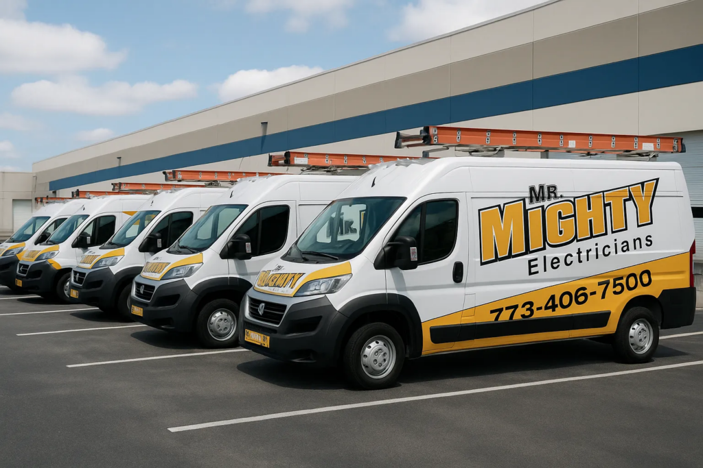 multiple mr. mighty work vans outside commercial property
