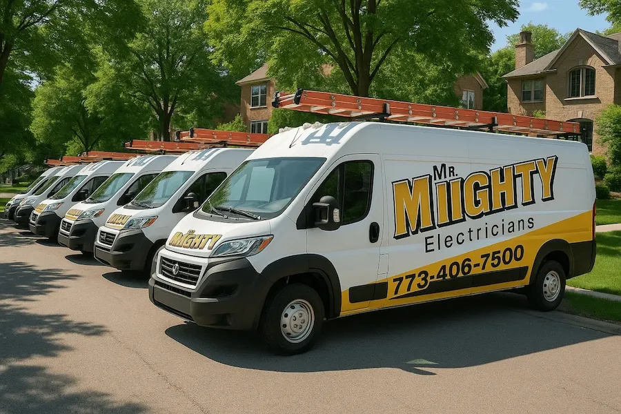 multiple Mr. Mighty Electric work vans