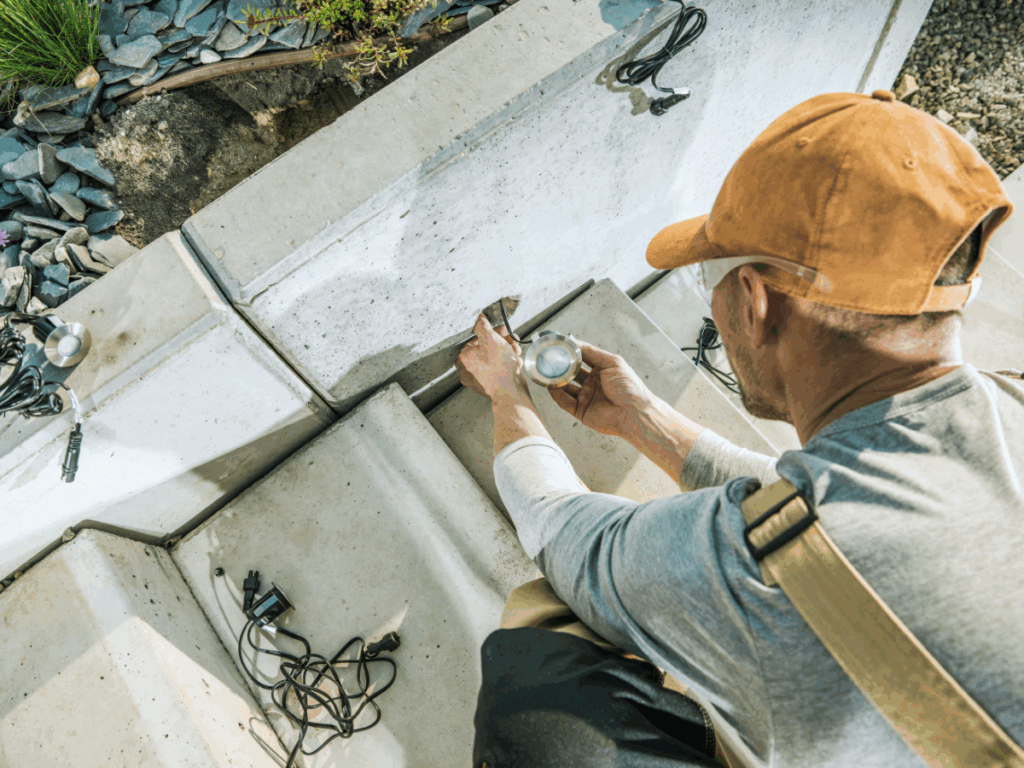 electrician installing lights on walkway