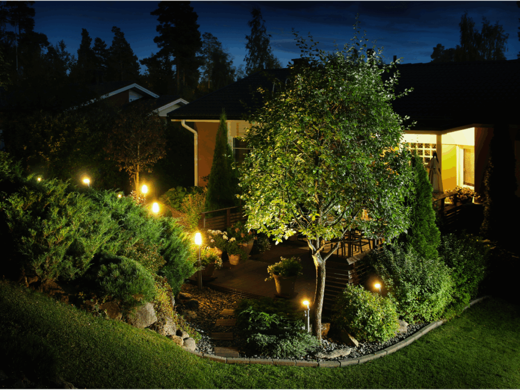 outdoor lighting shining at night outside home