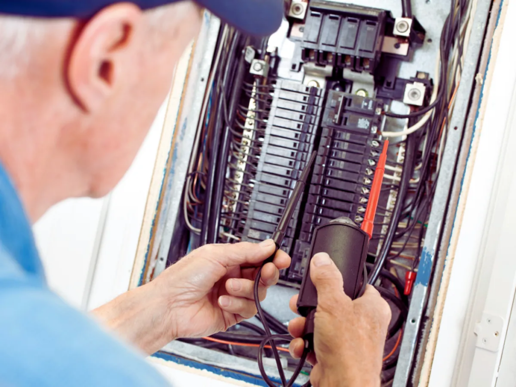 older electrician diagnosing a bad circuit breaker