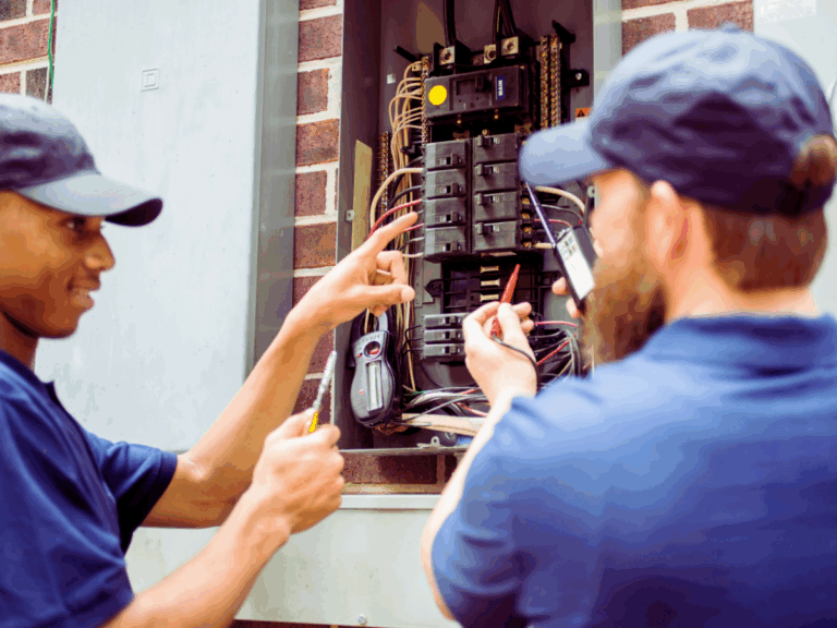two electricians inspecting electrical panel