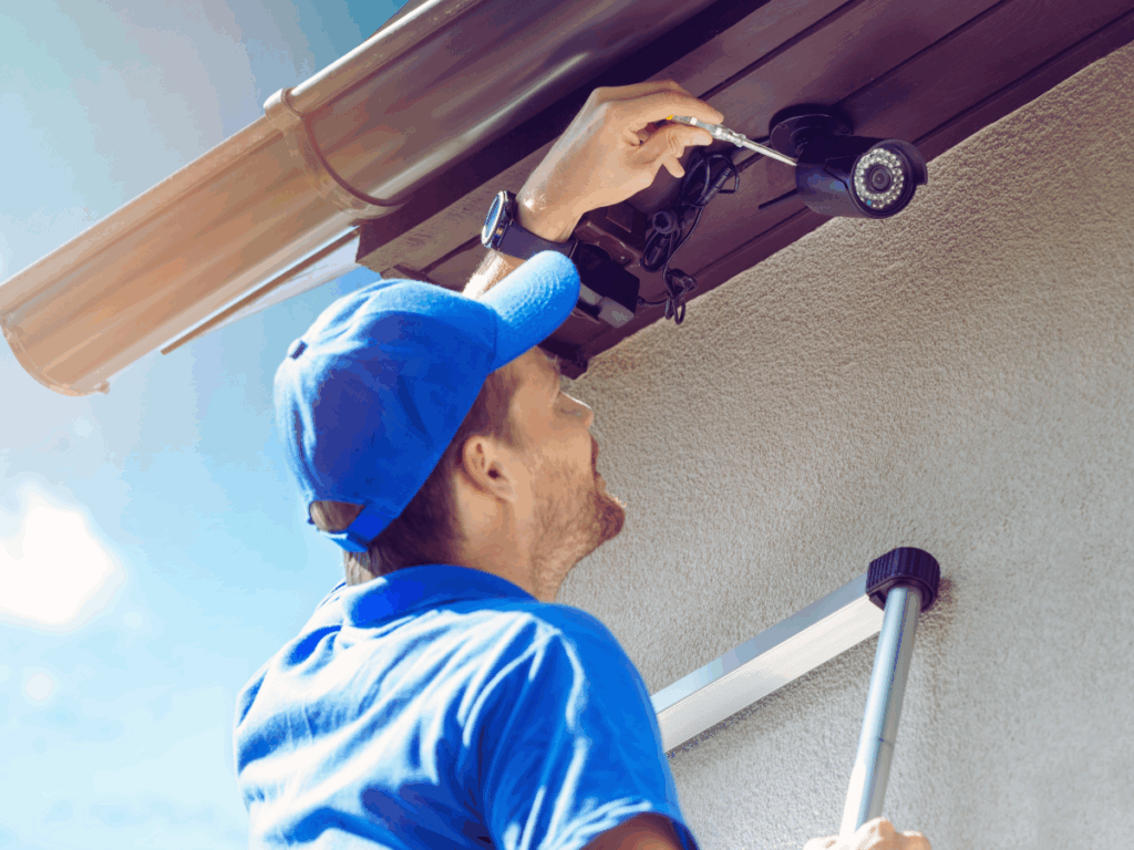 electrician installing home security system camera to outside wall of house
