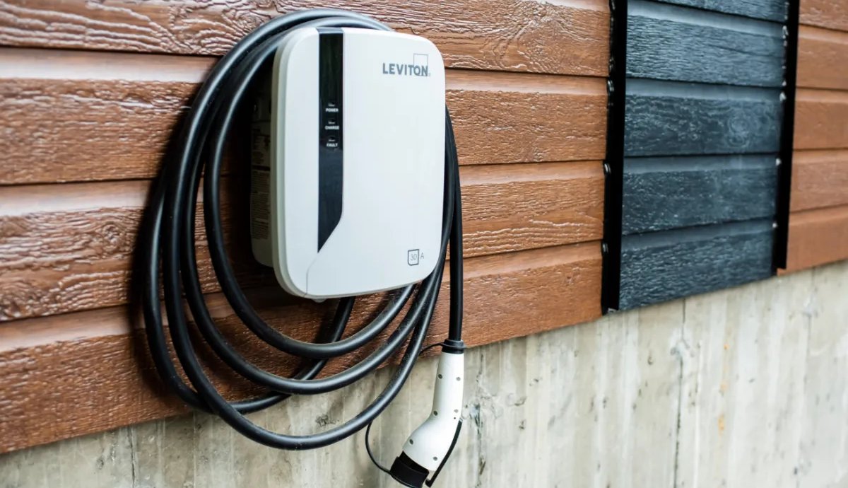 Level 2 home EV charger installed on an exterior wall, Chicago EV charger installation